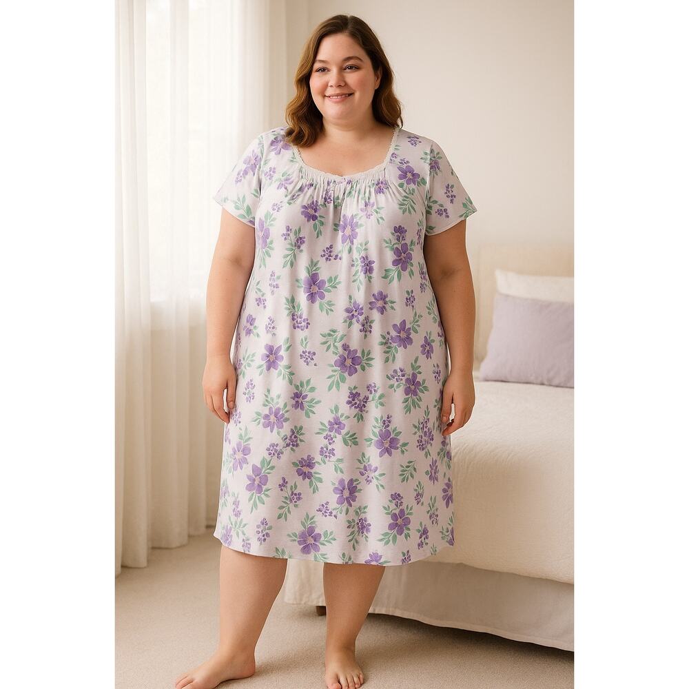 Miss Elaine Nightgown Womens 2X Lavender Floral Cottonessa Short NWT
